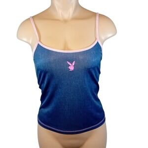Vintage Y2K 90s Playboy Intimates Camisole Bunny Logo Faux Denim Print Fits S/M